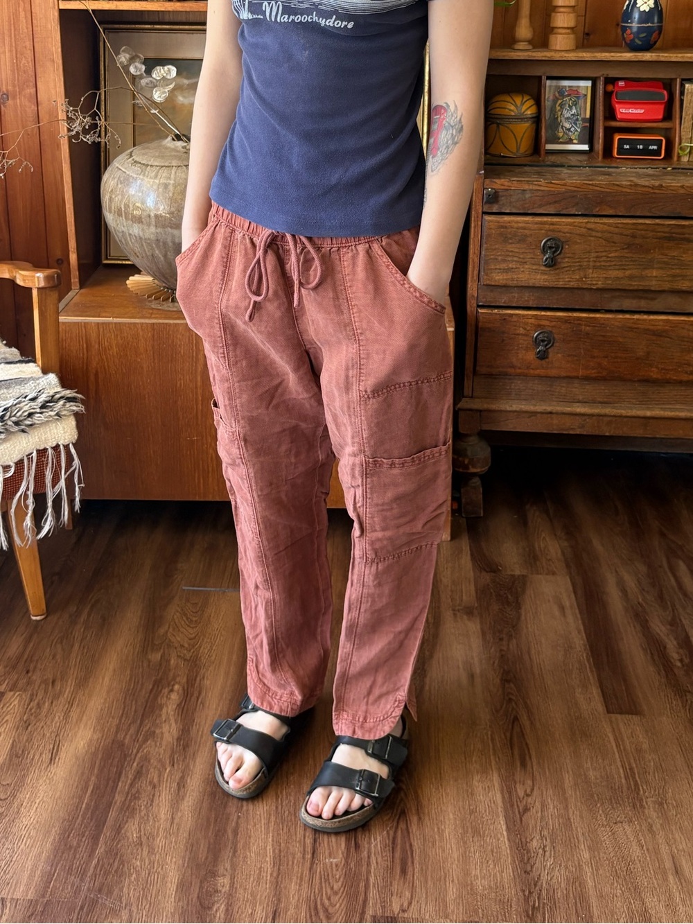 C&C California Linen Blend Rust Cargo Jogger Pant S